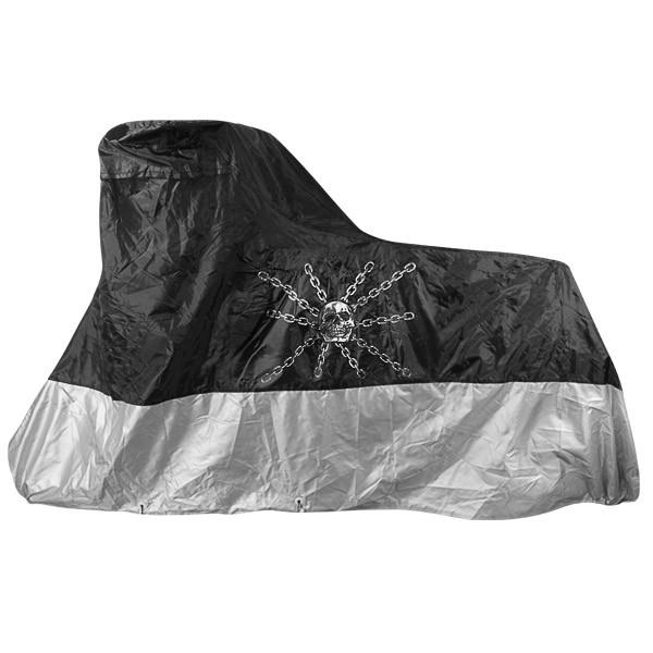 Xelement premium black/silver motorcycle cover with skull and chain graphics