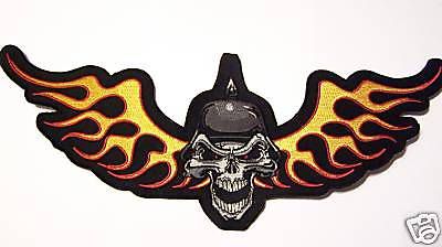 #0953-l motorcycle vest patch biker skull flame out