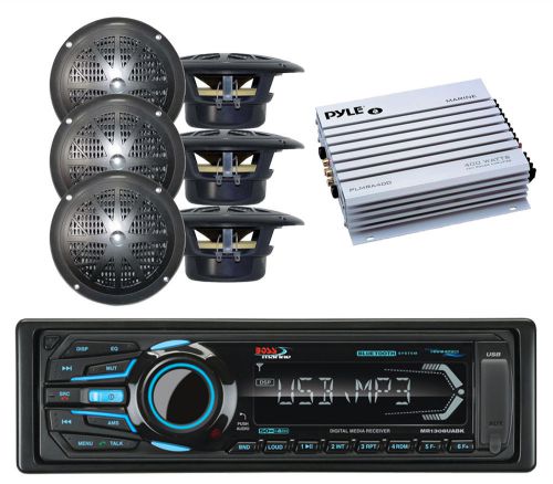 6 black 4&#034; speakers, 400w amplifier &amp; boss marine bluetooth usb aux am fm radio