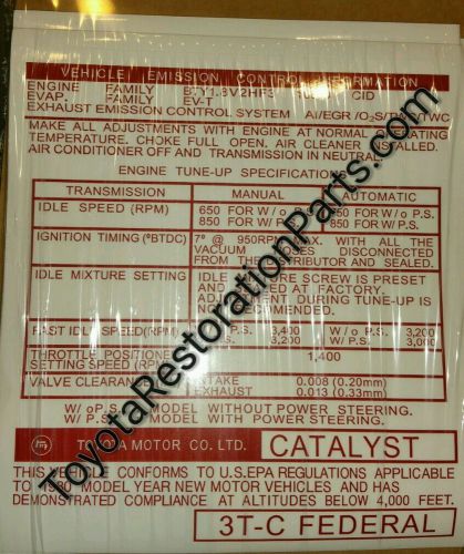 Emissions label decal 3tc 1980 toyota corolla sed,wg,4d,cp,lb,ht