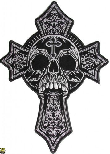 Biker leather vest patch skull and cross large back patch grey bobber custom