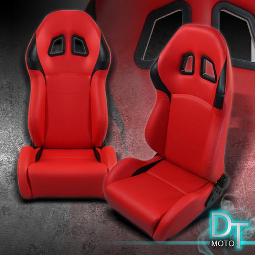 Xm2 style red/black pvc leather red stitching reclinable racing seats left+right