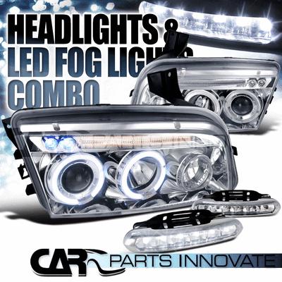 05-10 dodge charger chrome clear halo projector headlights+6-led fog lamps