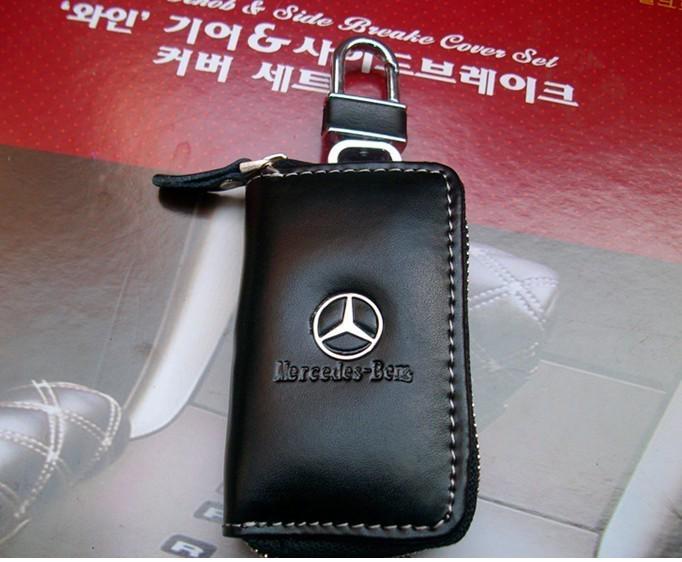 New genuine leather black car key holder case bag alloy keychain for benz