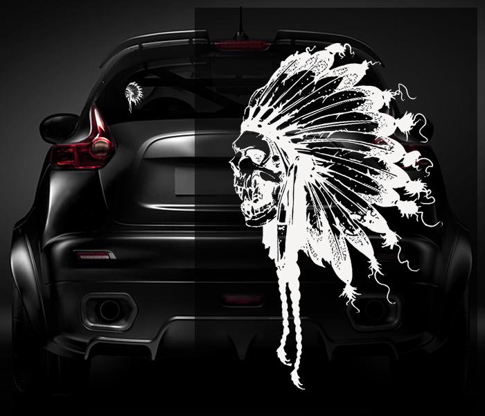 Native american skull decal white 5"x3.1" vinyl car window sticker zu1