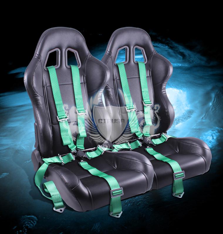 2x jdm reclinable black turino sport racing bucket seat+5-pt green camlock belt