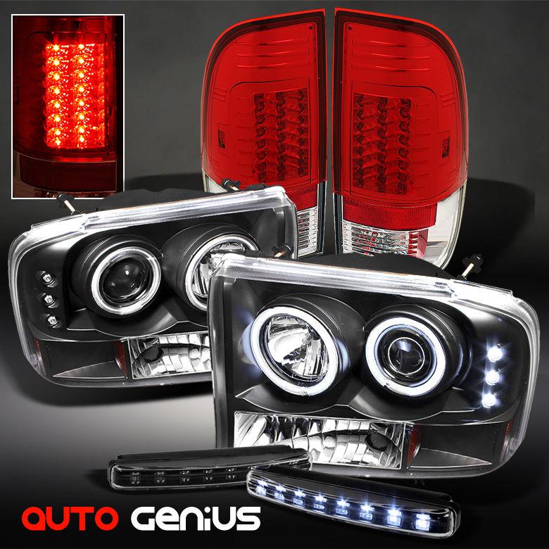 99-04 f2/350 1pc blk ccfl projector headlights + red clear led tail lights + drl