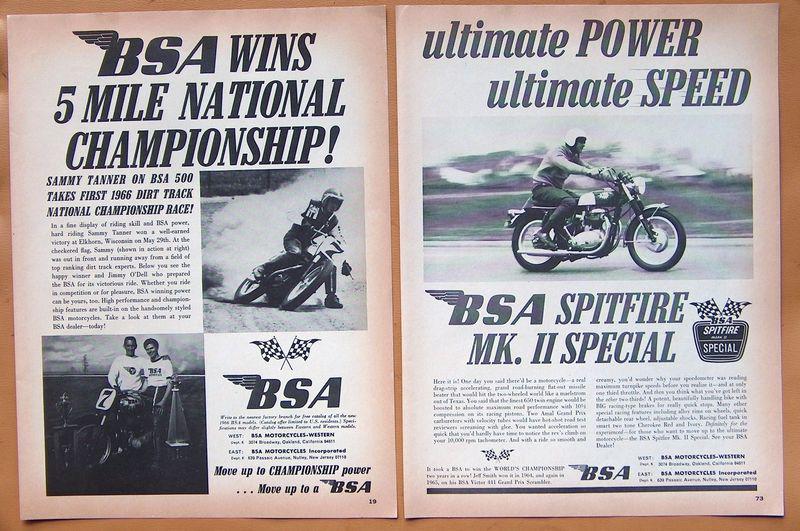 0021   two vintage 1966 bsa motorcycle ads! spitfire mk ii + bsa racing!