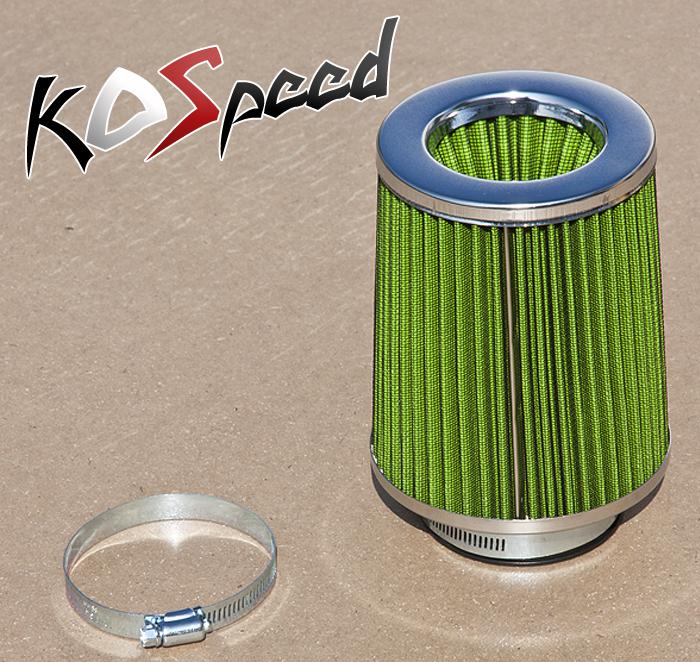 Heat shielded 3" air intake short ram clamp-on round cone filter universal green