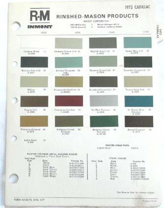 1972 cadillac r-m color paint chip chart all models original 