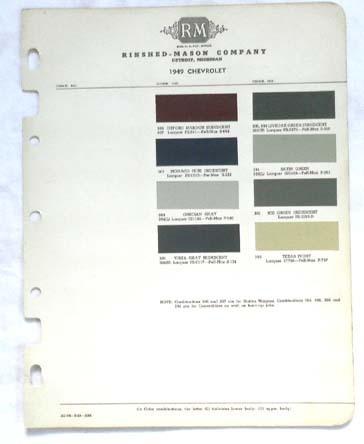 1949 chevrolet  r-m color paint chip chart all models original 