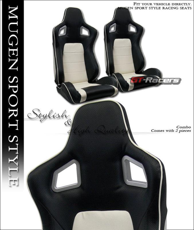 Mu carbon pattern blk/white pvc leather racing bucket seats+slider left+right gf