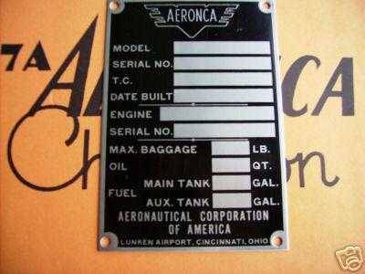 Aeronca name information plate data plate dataplate blank for your restoration