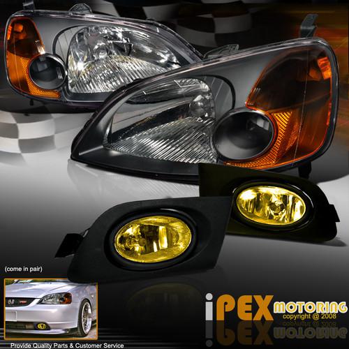 Combo: 2001-2003 honda civic 2/4dr jdm black headlights+yellow bumper fog light