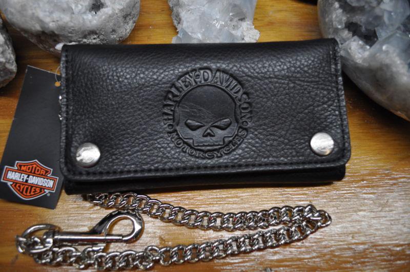 Harley-davidson skull 7"x3.5" xlg wallet w/chain, embossed skull     made in usa