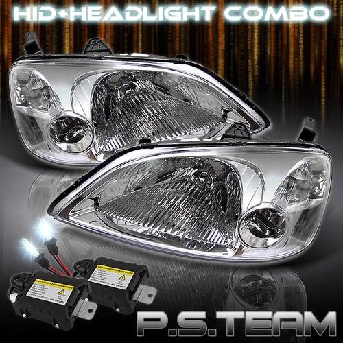 01-03 honda civic jdm all clear crystal headlights+6000k slim ballast hid kit