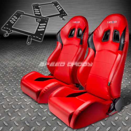 Pair nrg reclining red pvc racing bucket seat+bracket for 79-98 ford mustang