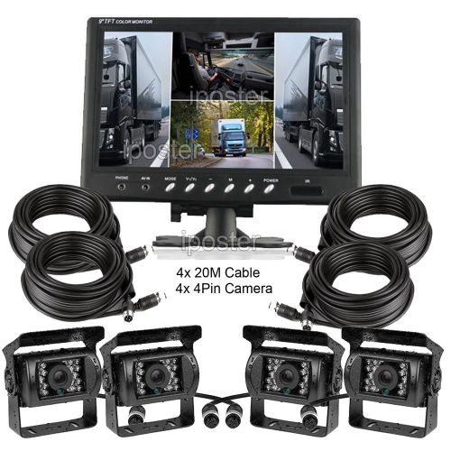 9&#034; split quad rear view monitor 4x ir reverse ccd camera 4x 66ft/20m cable kit