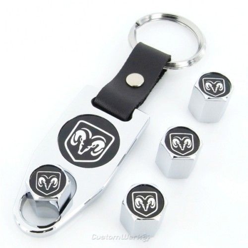 Dodge black ram logo tire valve caps + wrench key chain