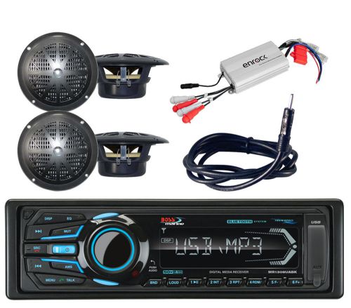 Antenna,800w amplifier,4 black 4&#034; speakers&amp;mr1308uabk marine usb bluetooth radio