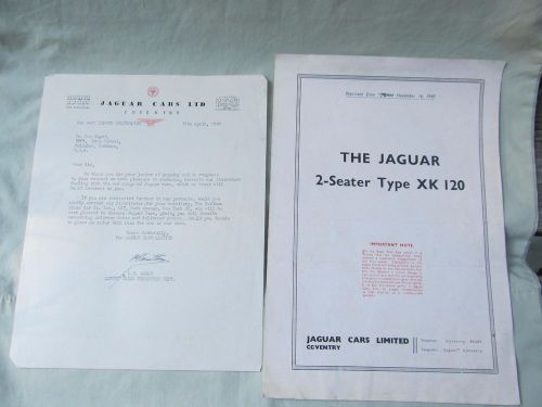 1950 jaguar company letter and sales literature / 2 seater type xk 120