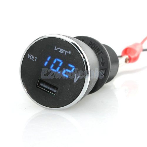 Blue dual car cigarette lighter socket usb adapter charger digital voltmeter