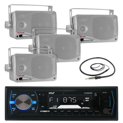 Plmrb29b black marine aux am fm radio, antenna,  silver 3.5&#034; 200w box speakers