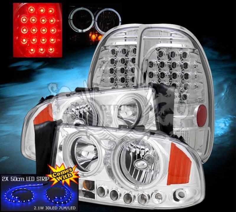 97-04 dakota chrome crystal headlight halo/led tail lights lamps +led strip blue