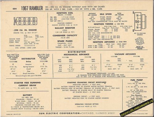 1967 amc rambler american motors 290ci/200-225 hp car sun electronic spec sheet