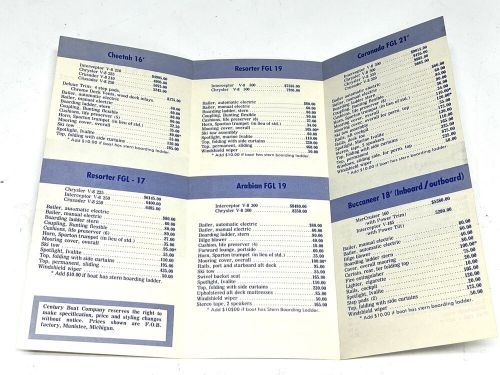 Century boat~boats~1969 original price list~resorter~arabian~coronado~cheetah