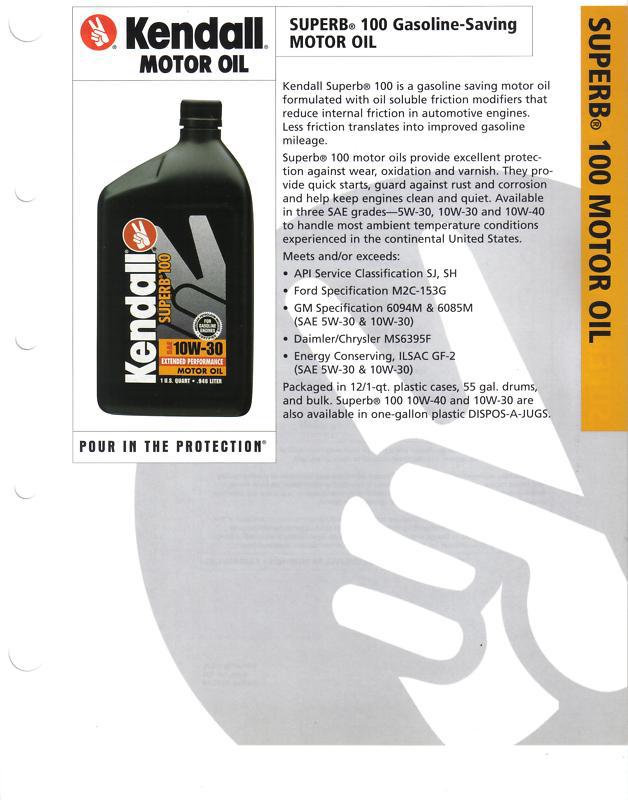 Sun oil kendall motor oil superb 100 gasoline-saving inspection data sheet  90`s