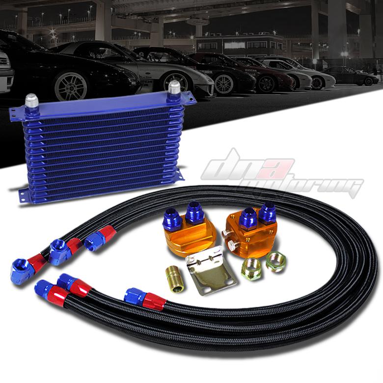 14-rows blue aluminum 50°f engine oil-cooler+relocation kit+black stainless line