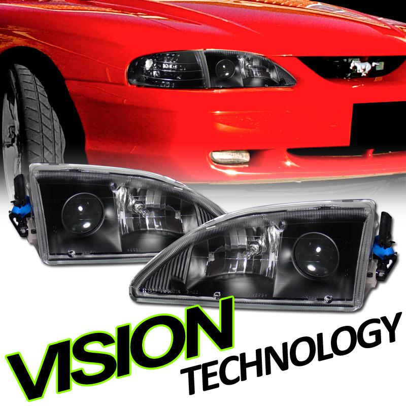 Pair jdm black projector headlights headlamps+bulbs lh+rh 1994-1998 ford mustang