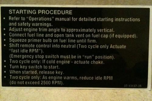 Mercury starting procedure sticker