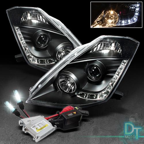 6000k slim xenon hid kit + black 03-05 nissan 350z drl led projector headlights