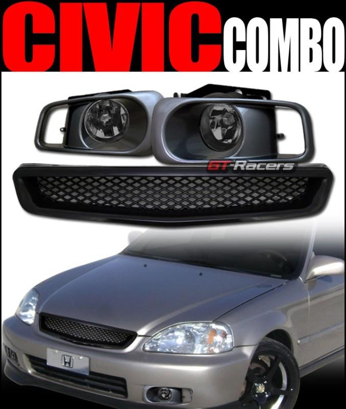 Blk t-r mesh front hood grill grille+bumper fog lights smoke 1999-2000 civic