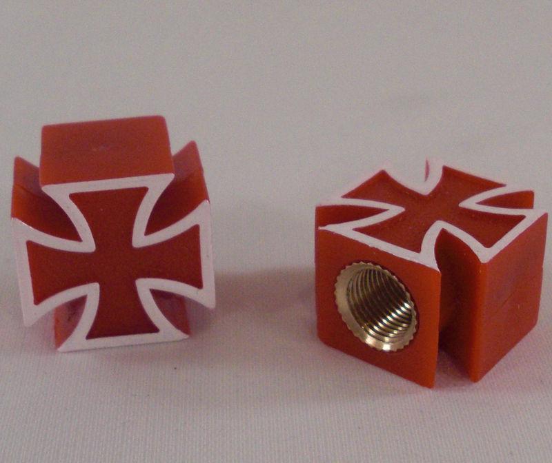 2 red "iron cross" tire air valve stem caps for yamaha motorcycle wheel rims