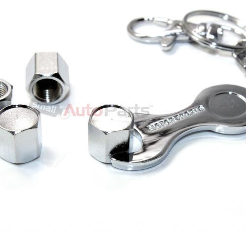 4 chrome tire/wheel air stem valve caps & wrench key chain gift set for car-bike