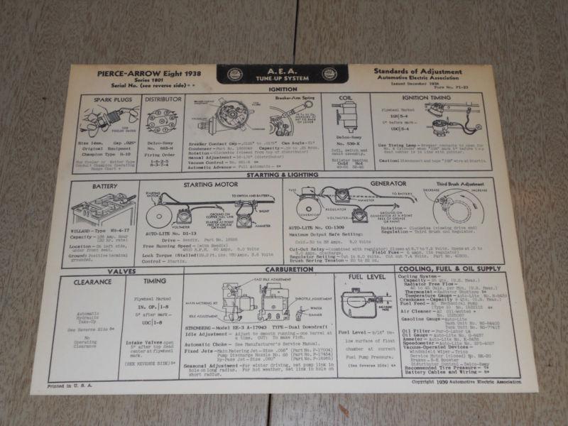 Vintage 1938 pierce arrow eight a.e.a tune-up system chart