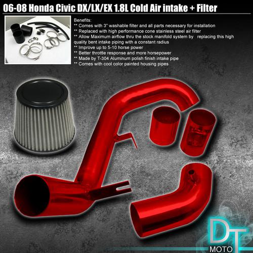 Stainless washable filter + cold air intake 06-11 civic 4cyl 1.8l red aluminum