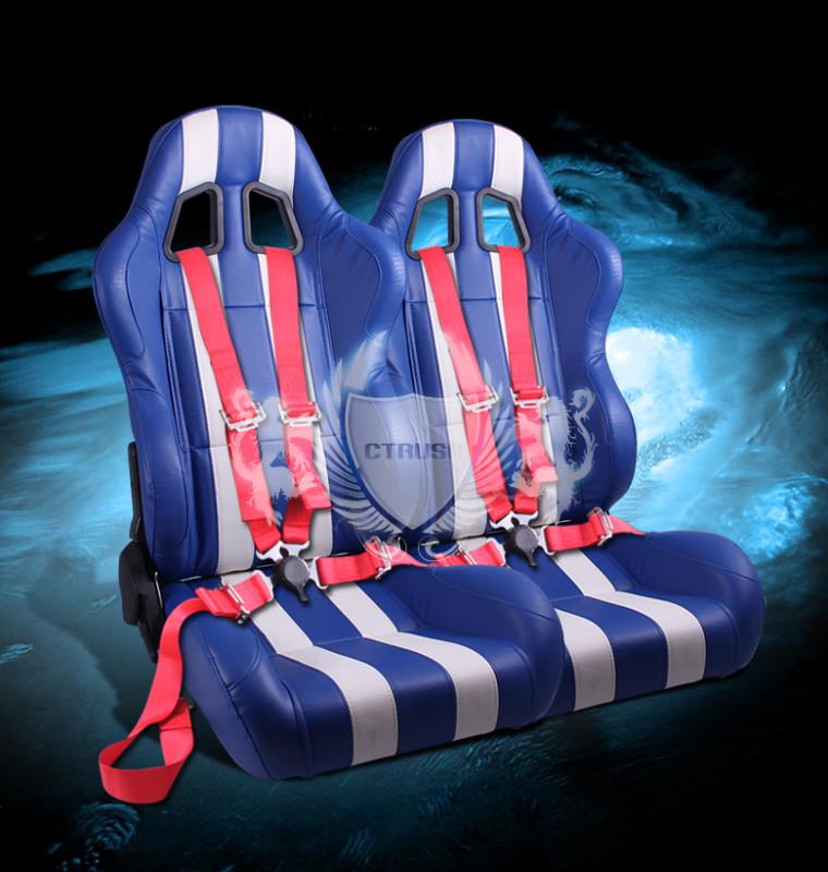 2x jdm f1 blue/white stripe pvc/vinyl leather racing seat+4-pt red buckle belt