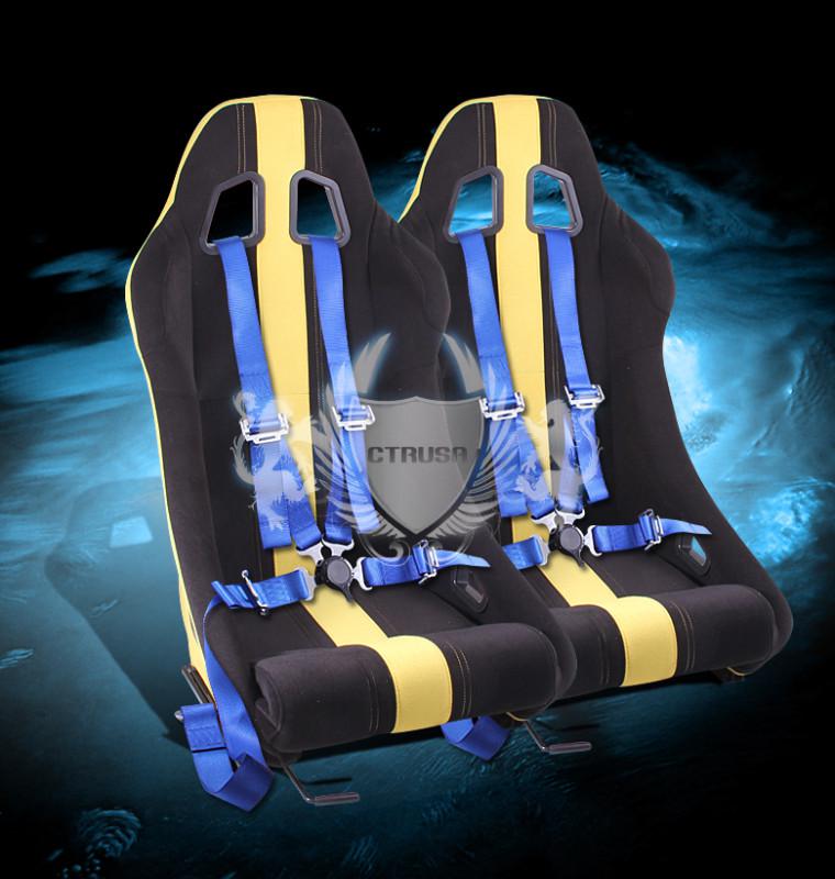 2x universal black/yellow stripe fabric racing seats+4-pt blue camlock harness