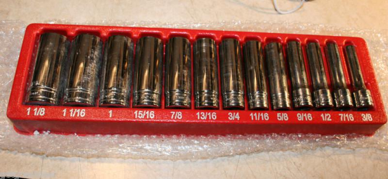 Snap-on tools 1/2" drive 6-p deep socket set 3/8"-1 1/8" 13pc + tray