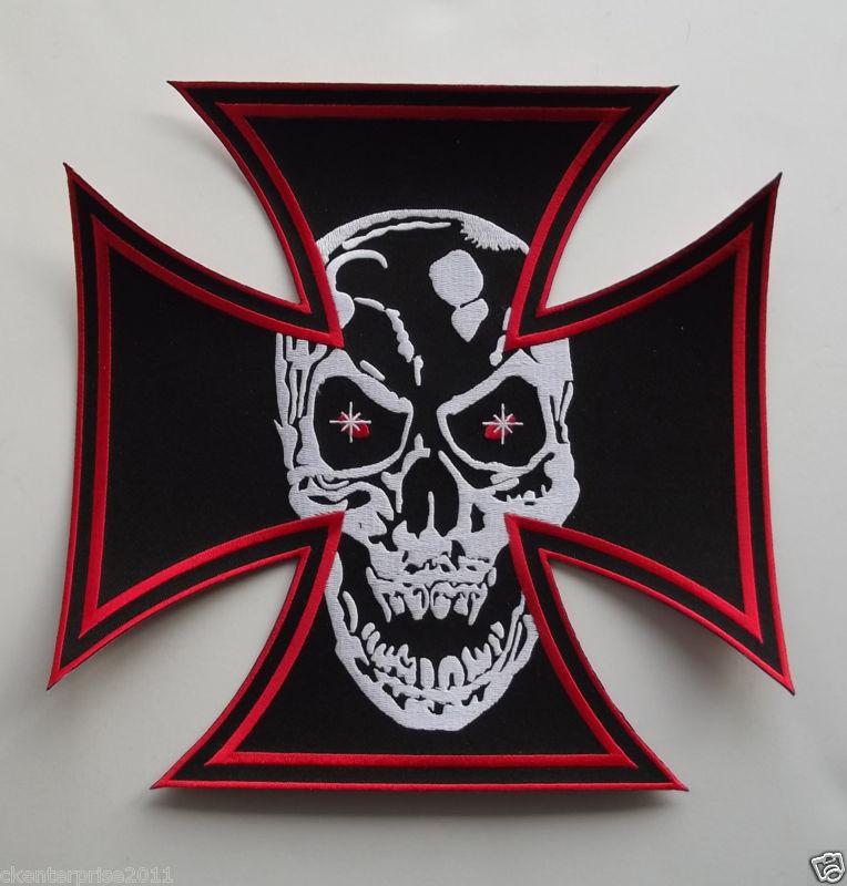 Maltese cross & skull motorcycle biker large embroidered back patch