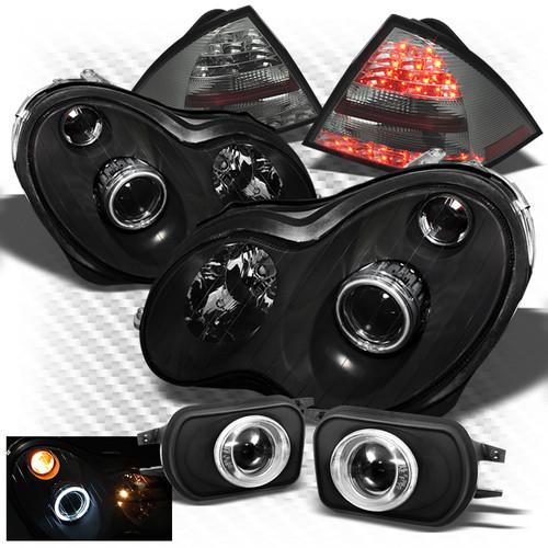 01-05 w203 c-class blk ccfl headlights + smoked led tail lights + pro fog lights