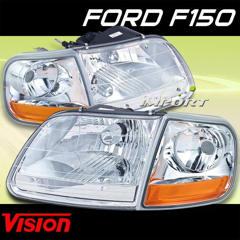 Ford 01-04 f-150 vision chrome headlights w/corner signal lamp left+right new