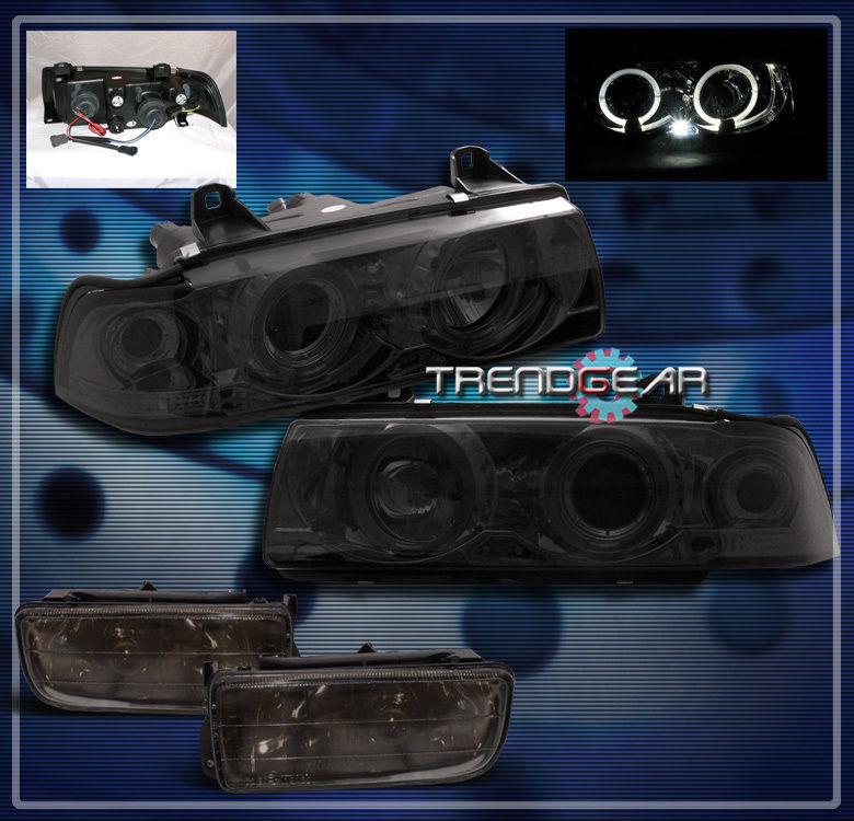 92-98 bmw e36 3-series 4dr halo led projector head lights+fog smoke 93 94 95 96