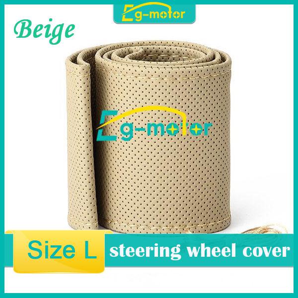 Beige diy size l leather steering wheel cover hole with needle and thread new 