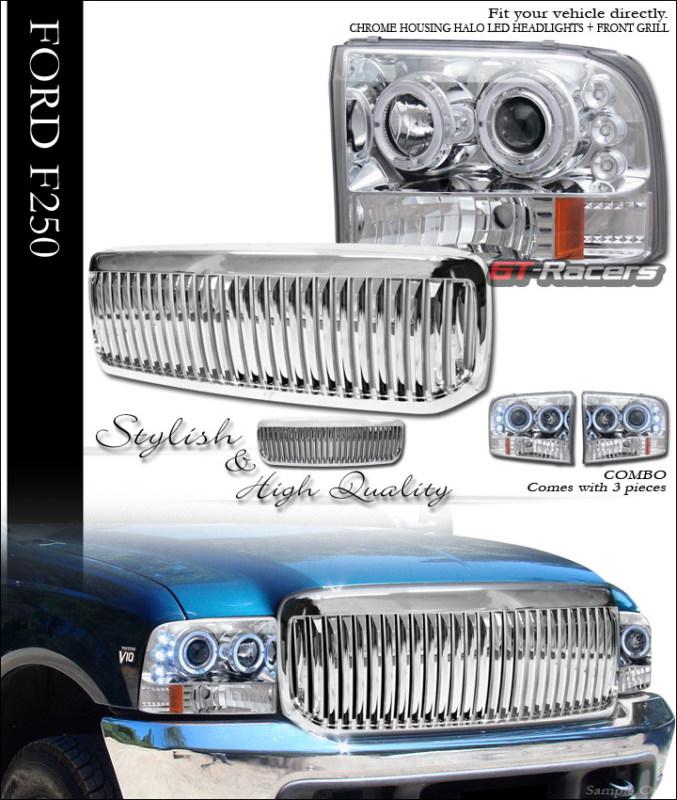 Chrome halo led projector head lights w/grill grille vt 1999-2004 f250/excursion