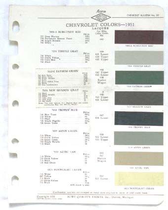 1951 chevrolet  acme  color paint chip chart all models original 